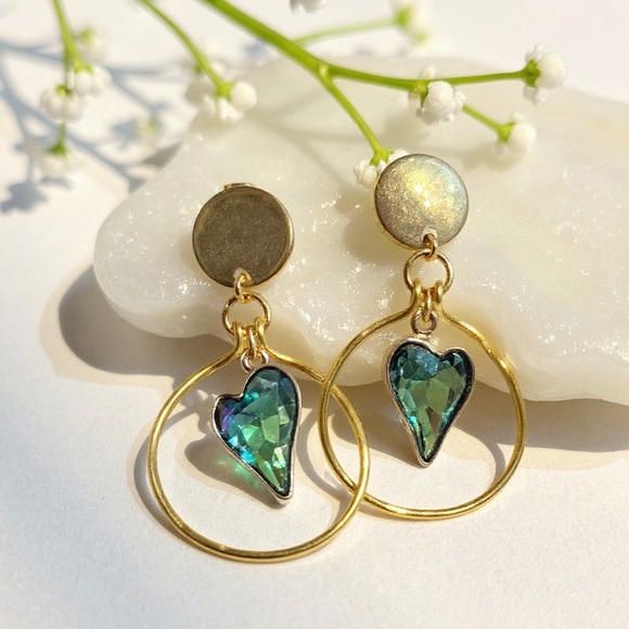 Hand Crafted Jewelry - Hand-Shaped Gold Tone Hoops with Green Gemstone Accent